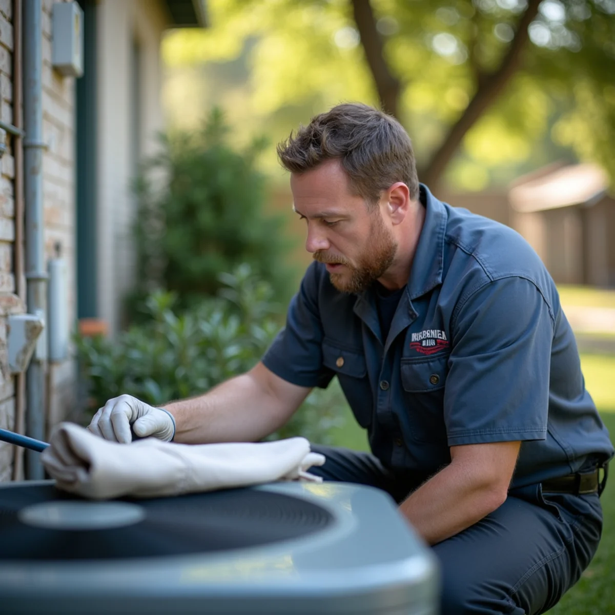 Technician inspecting an outdoor AC condenser beneath dense pine tree canopy in Kingwood, TX