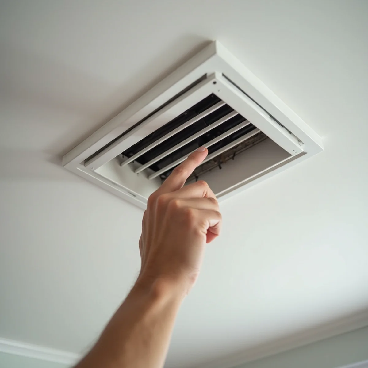Hand feeling faint airflow at a ceiling air conditioning supply vent grille