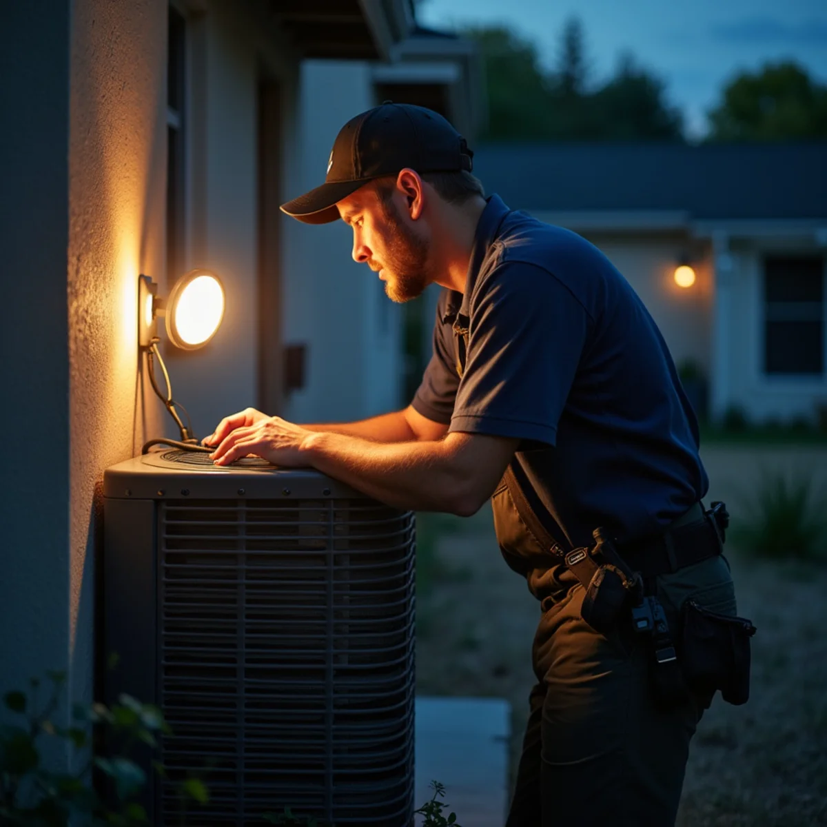 Technician carrying tool bag and diagnostic meter to front door for emergency evening AC call