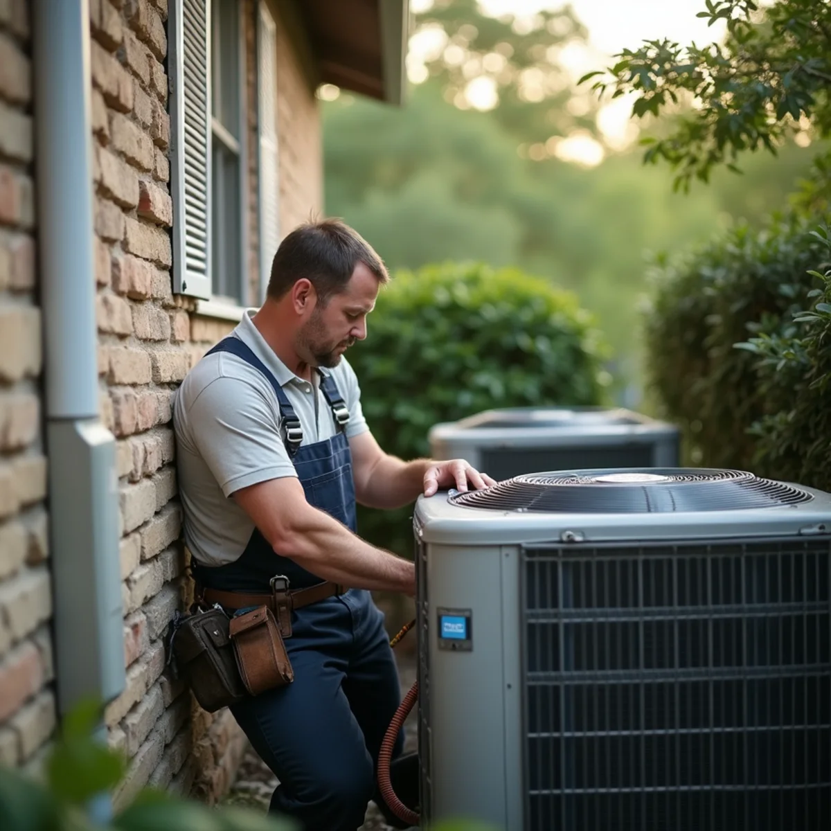 HVAC contractor servicing an outdoor split system in a fast-growing Porter, TX subdivision