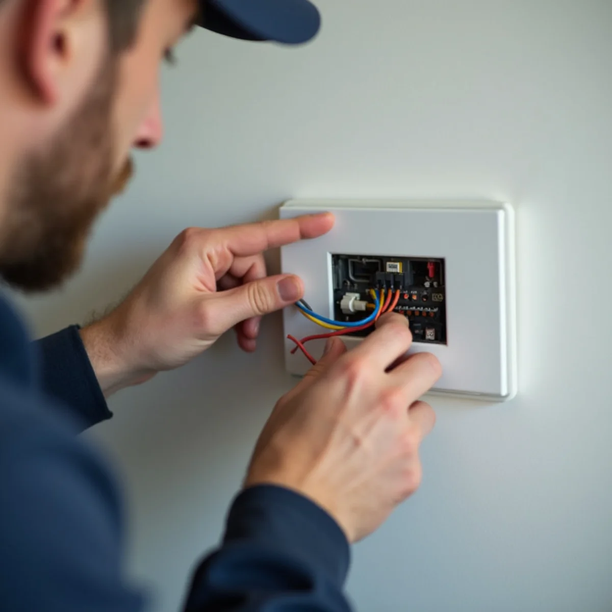 Technician connecting 24V common C-wire to modern smart thermostat sub-base