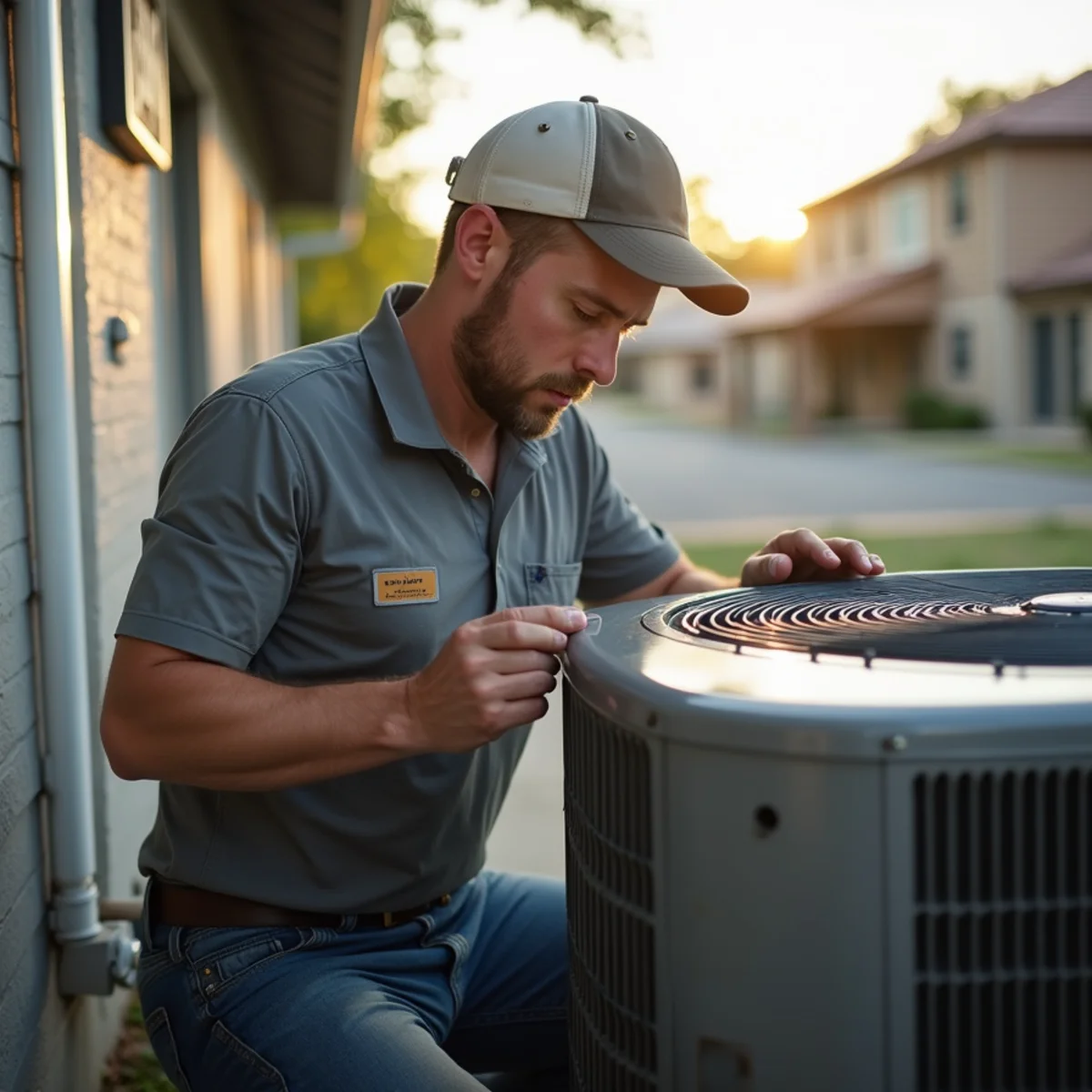 Technician diagnosing an outdoor air conditioning unit in a residential neighborhood in Tomball TX